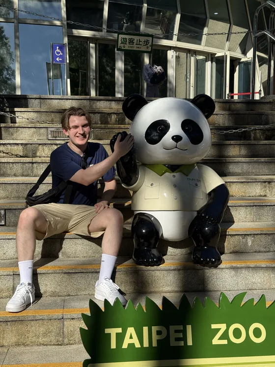 Torstein meeting a panda mascot at Taipei Zoo