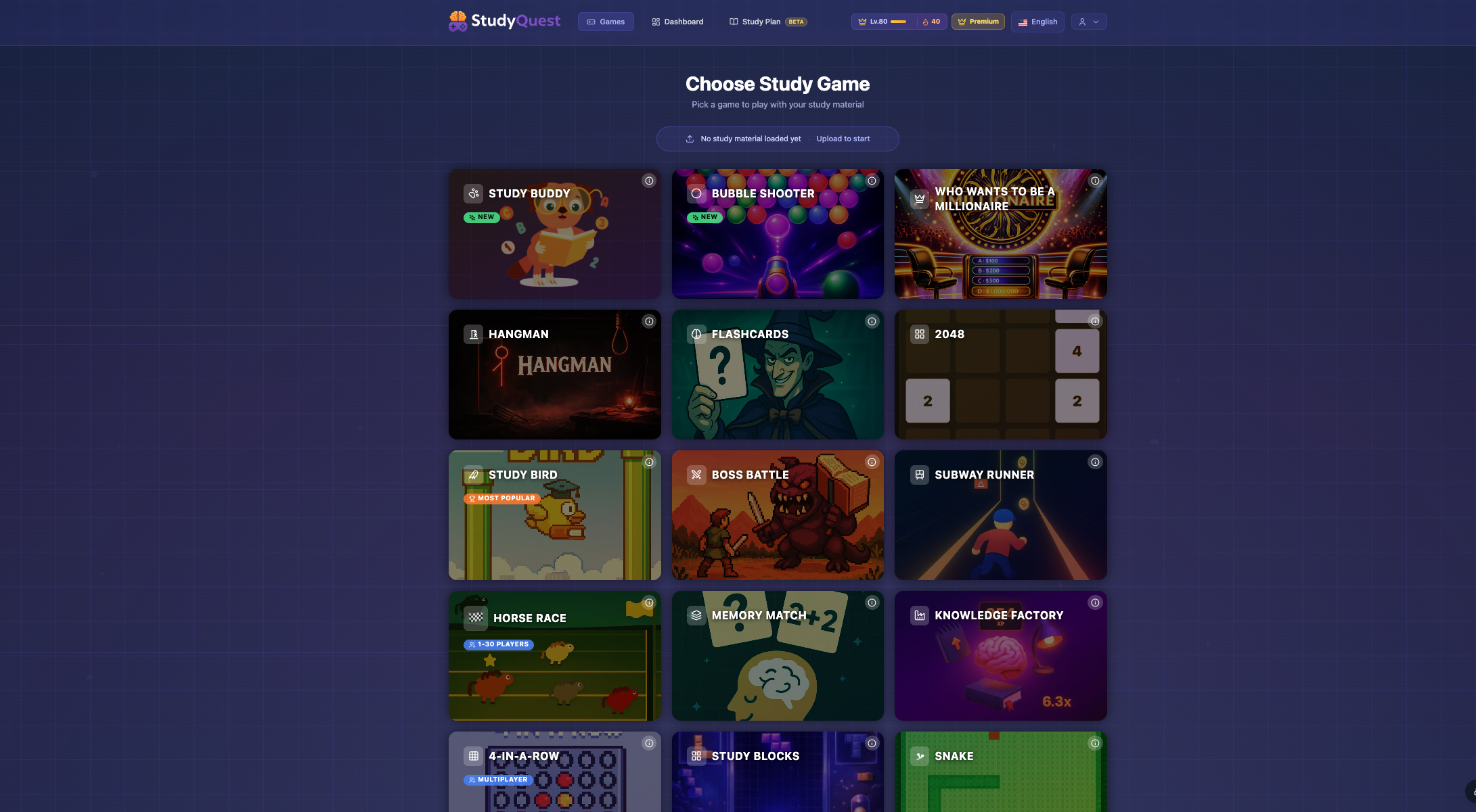 StudyQuest のゲーム一覧。生徒が練習するゲームを選ぶ画面です
